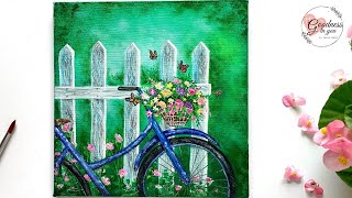 Welcome Spring  A Bicycle near a Fence Acrylic Painting for Beginners [upl. by Attalanta]