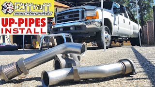 2001 F350 73  RiffRaff UpPipes Install  Stock up pipes leaking and falling apart JUNK SP [upl. by Ahsirahc963]